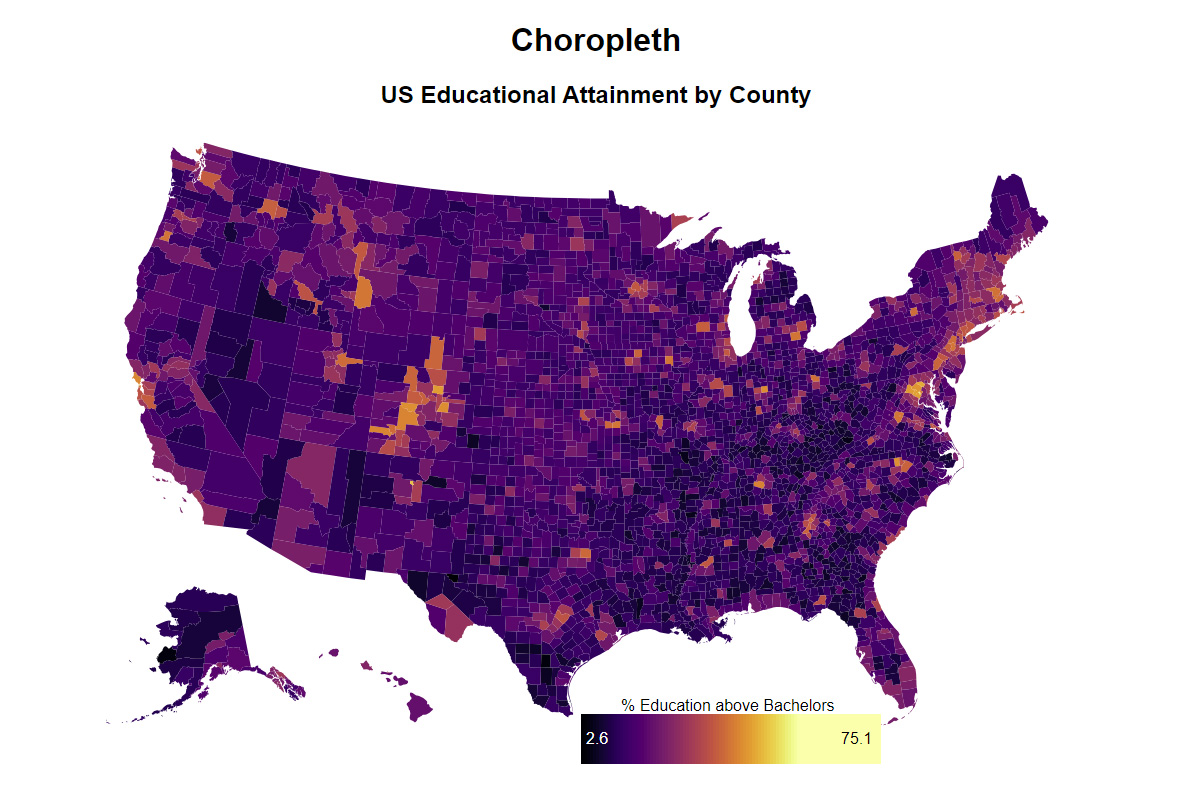 purple choropleth map of usa educational attainment level by county